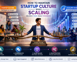 Startup culture vs business scaling illustration showing a balanced team collaboration environment and growing company with graphs and leadership