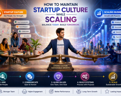 Startup culture vs business scaling illustration showing a balanced team collaboration environment and growing company with graphs and leadership