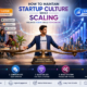 Startup culture vs business scaling illustration showing a balanced team collaboration environment and growing company with graphs and leadership