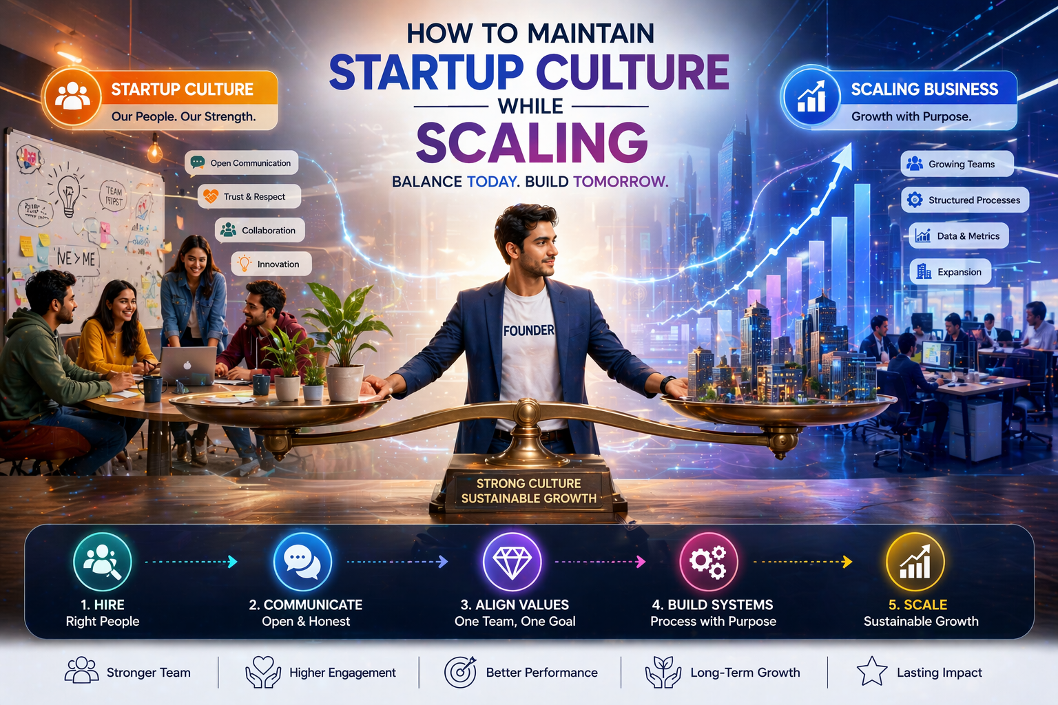 Startup culture vs business scaling illustration showing a balanced team collaboration environment and growing company with graphs and leadership