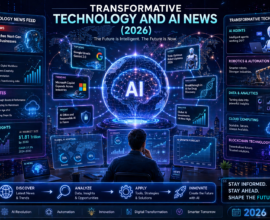 Futuristic AI news dashboard showing transformative technology trends including AI agents, automation, data analytics, and global digital innovation