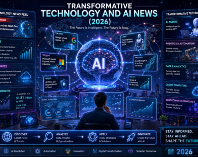 Futuristic AI news dashboard showing transformative technology trends including AI agents, automation, data analytics, and global digital innovation