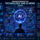 Futuristic AI news dashboard showing transformative technology trends including AI agents, automation, data analytics, and global digital innovation