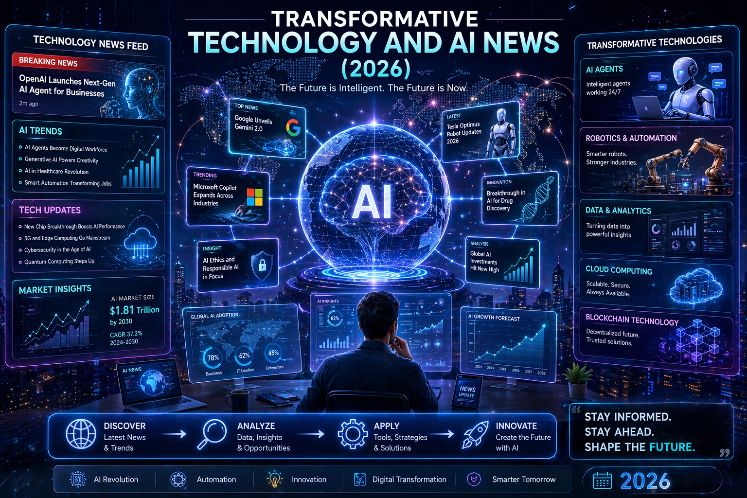 Futuristic AI news dashboard showing transformative technology trends including AI agents, automation, data analytics, and global digital innovation
