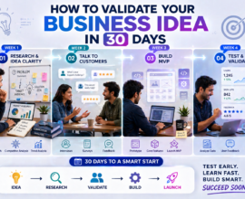 30-day business idea validation roadmap infographic showing steps like research, customer feedback, MVP building, and testing for startup success