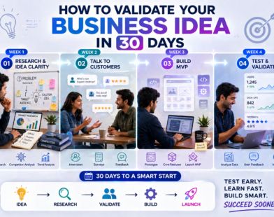 30-day business idea validation roadmap infographic showing steps like research, customer feedback, MVP building, and testing for startup success