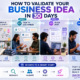 30-day business idea validation roadmap infographic showing steps like research, customer feedback, MVP building, and testing for startup success