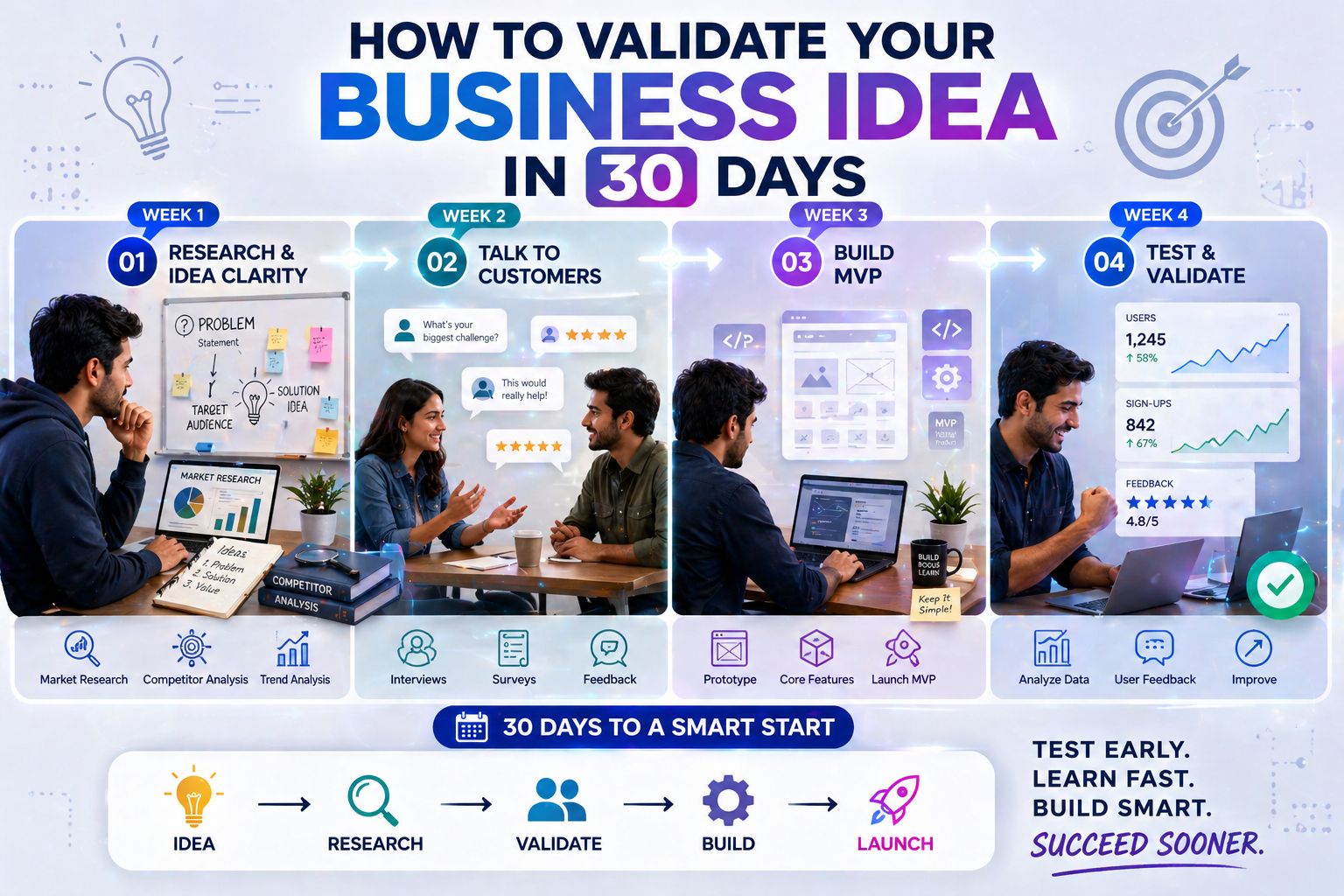 30-day business idea validation roadmap infographic showing steps like research, customer feedback, MVP building, and testing for startup success