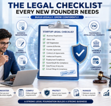 Startup legal checklist infographic showing business registration, GST, contracts, intellectual property, compliance, and founder reviewing legal steps