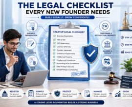 Startup legal checklist infographic showing business registration, GST, contracts, intellectual property, compliance, and founder reviewing legal steps