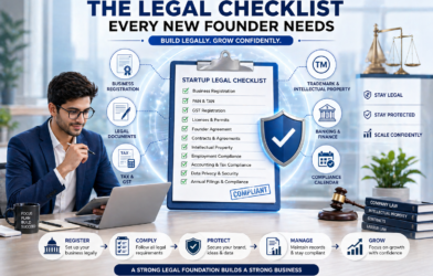 Startup legal checklist infographic showing business registration, GST, contracts, intellectual property, compliance, and founder reviewing legal steps