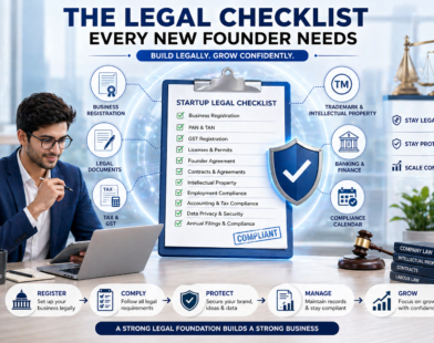 Startup legal checklist infographic showing business registration, GST, contracts, intellectual property, compliance, and founder reviewing legal steps