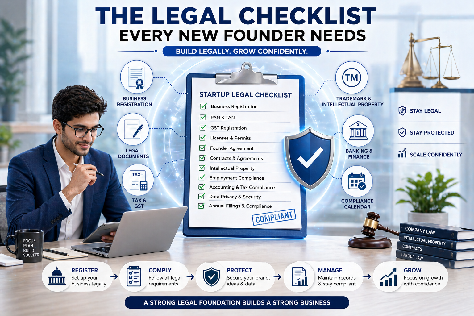 Startup legal checklist infographic showing business registration, GST, contracts, intellectual property, compliance, and founder reviewing legal steps