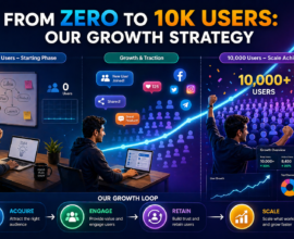 Startup growth infographic showing journey from zero to 10k users with stages like user acquisition, engagement, retention, and scaling strategy