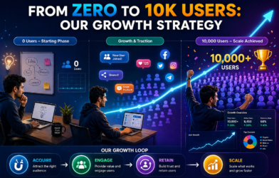 Startup growth infographic showing journey from zero to 10k users with stages like user acquisition, engagement, retention, and scaling strategy
