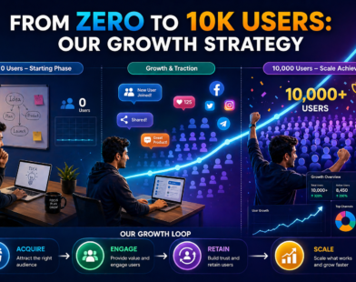 Startup growth infographic showing journey from zero to 10k users with stages like user acquisition, engagement, retention, and scaling strategy