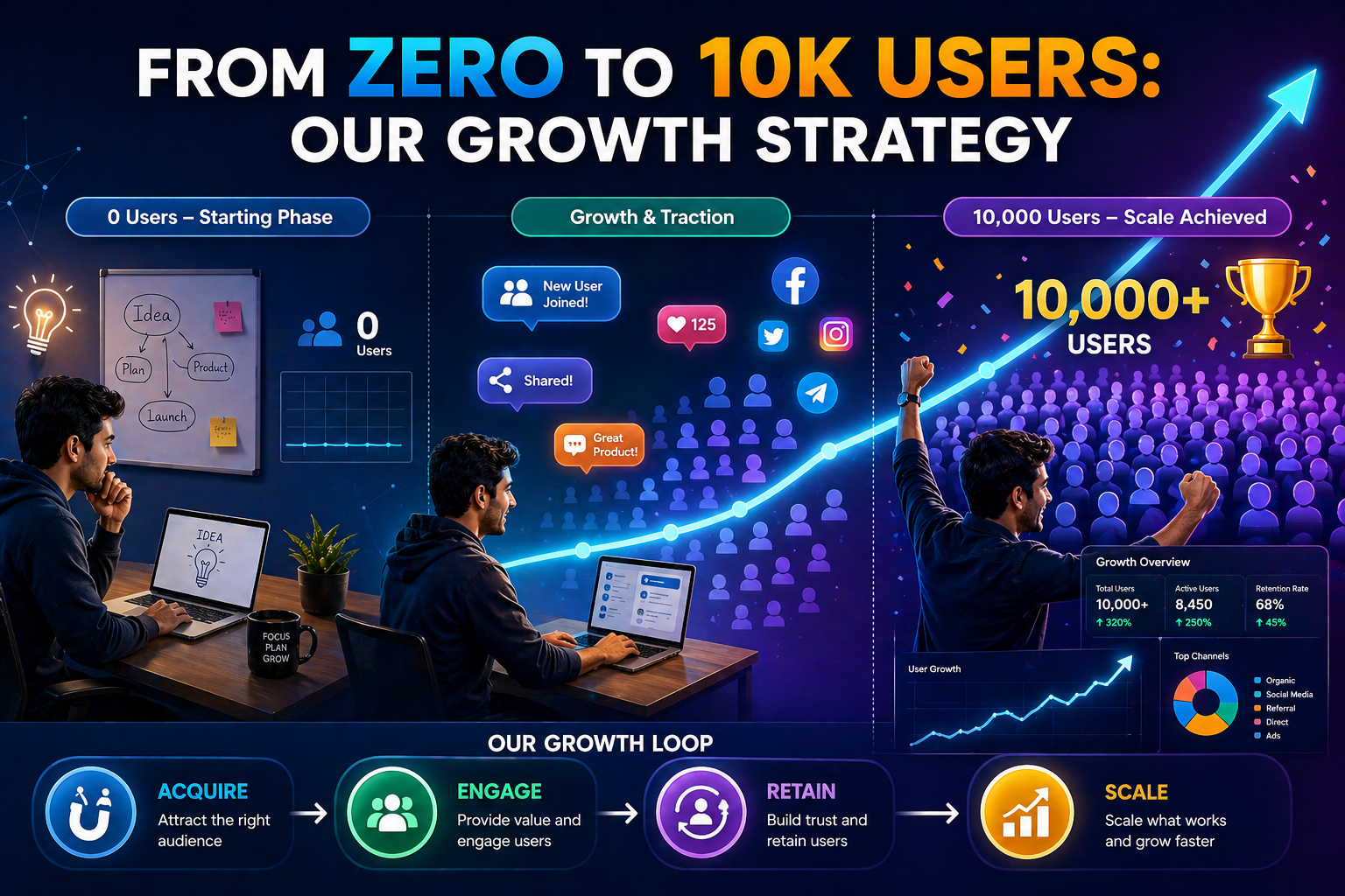 Startup growth infographic showing journey from zero to 10k users with stages like user acquisition, engagement, retention, and scaling strategy