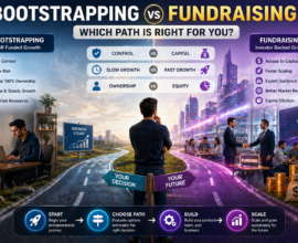 Bootstrapping vs fundraising comparison infographic showing startup founder choosing between self-funded growth and investor-backed scaling with growth charts