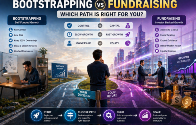 Bootstrapping vs fundraising comparison infographic showing startup founder choosing between self-funded growth and investor-backed scaling with growth charts