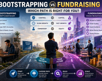 Bootstrapping vs fundraising comparison infographic showing startup founder choosing between self-funded growth and investor-backed scaling with growth charts