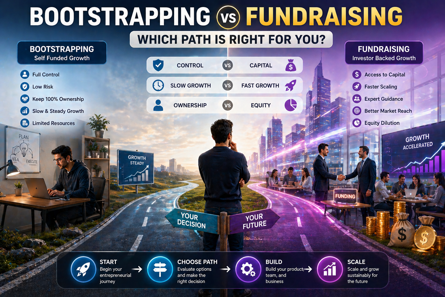 Bootstrapping vs fundraising comparison infographic showing startup founder choosing between self-funded growth and investor-backed scaling with growth charts