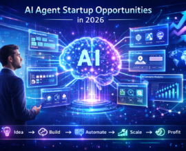 AI agent startup opportunities in 2026 showing futuristic AI brain connected to marketing automation, CRM, chatbot, analytics dashboards and business growth systems