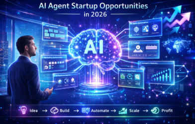 AI agent startup opportunities in 2026 showing futuristic AI brain connected to marketing automation, CRM, chatbot, analytics dashboards and business growth systems