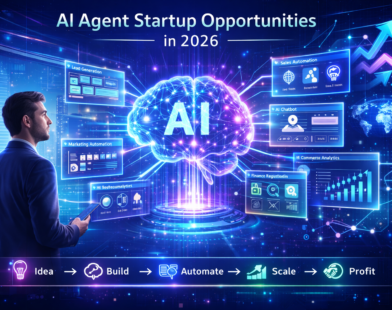 AI agent startup opportunities in 2026 showing futuristic AI brain connected to marketing automation, CRM, chatbot, analytics dashboards and business growth systems