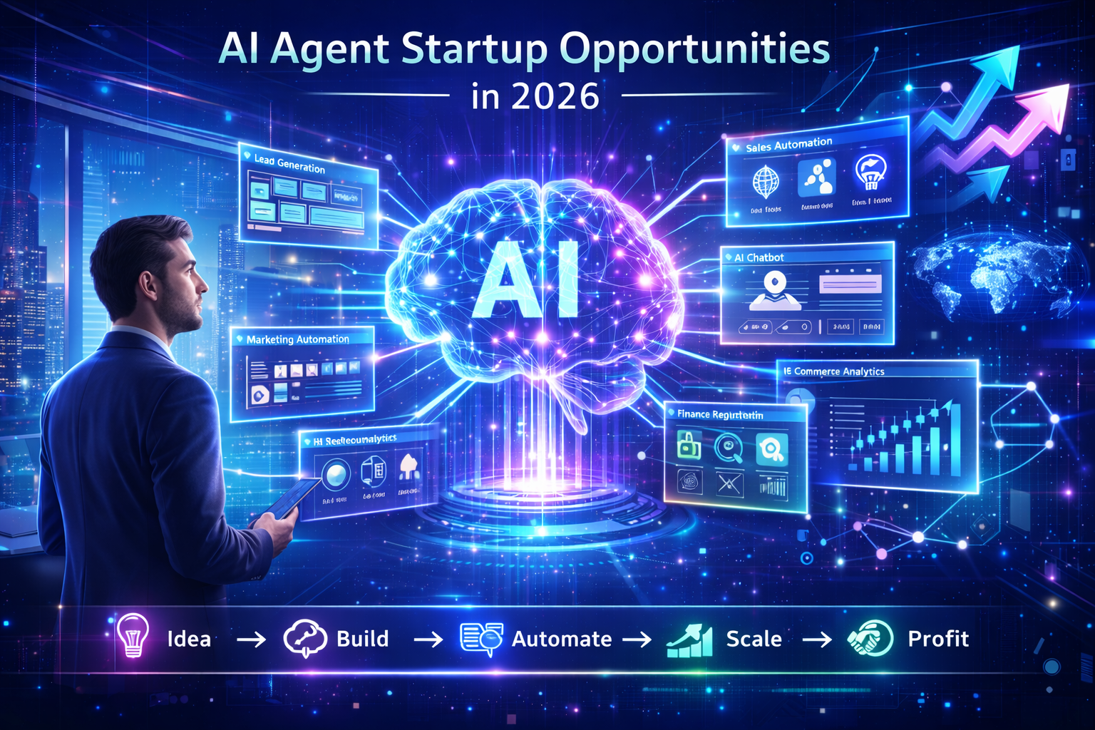 AI agent startup opportunities in 2026 showing futuristic AI brain connected to marketing automation, CRM, chatbot, analytics dashboards and business growth systems