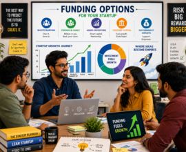 A group of young Indian entrepreneurs discussing startup funding strategies in a modern office with charts showing bootstrapping, angel investors, venture capital, and government grants.
