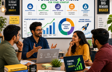 A group of young Indian entrepreneurs discussing startup funding strategies in a modern office with charts showing bootstrapping, angel investors, venture capital, and government grants.