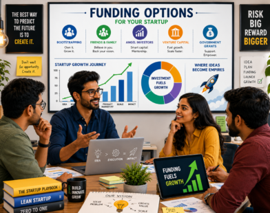 A group of young Indian entrepreneurs discussing startup funding strategies in a modern office with charts showing bootstrapping, angel investors, venture capital, and government grants.