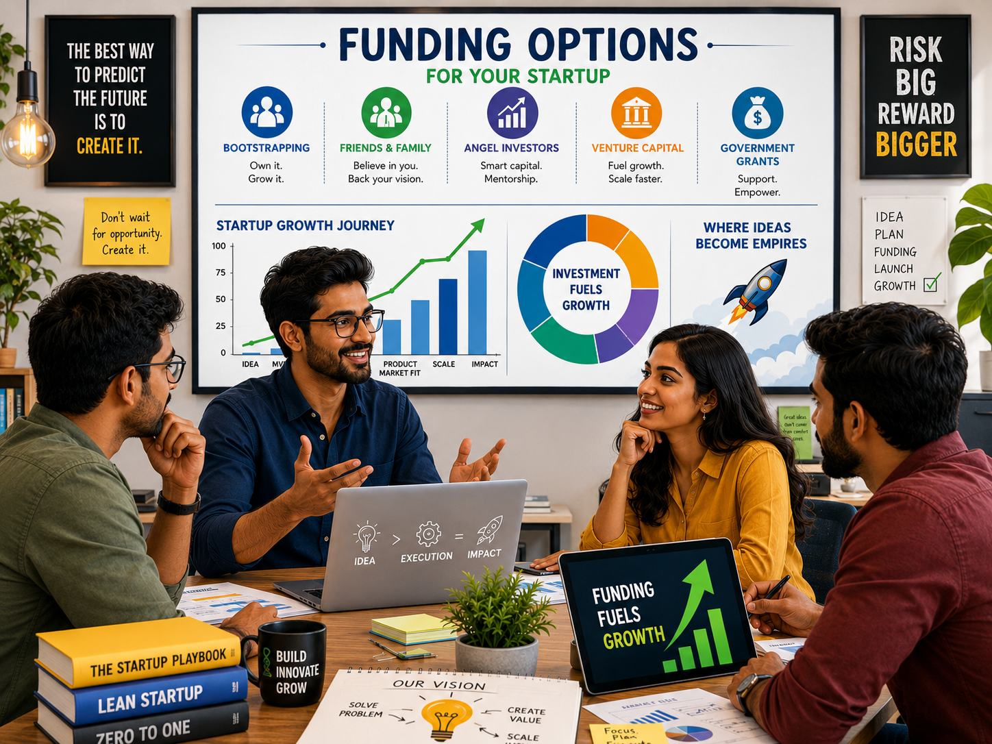 A group of young Indian entrepreneurs discussing startup funding strategies in a modern office with charts showing bootstrapping, angel investors, venture capital, and government grants.
