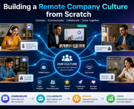 Remote company culture infographic showing global team collaboration, video calls, communication tools, and connected remote employees working together