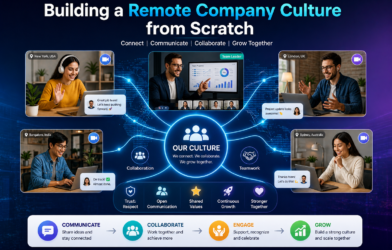 Remote company culture infographic showing global team collaboration, video calls, communication tools, and connected remote employees working together