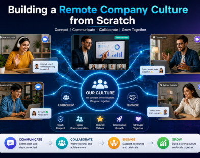Remote company culture infographic showing global team collaboration, video calls, communication tools, and connected remote employees working together