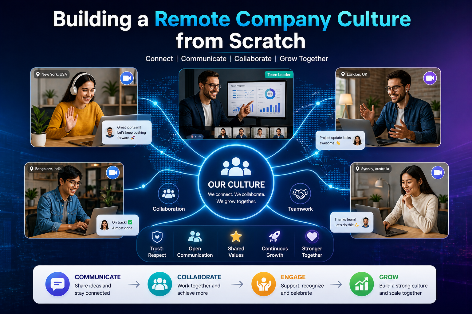 Remote company culture infographic showing global team collaboration, video calls, communication tools, and connected remote employees working together