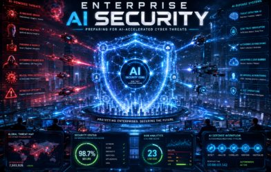 Futuristic enterprise AI cybersecurity system protecting a digital city from AI-powered cyber threats, featuring holographic shields, malware attacks, autonomous defense drones, threat analytics dashboards, and advanced cyber warfare interfaces in a cinematic neon blue environment.