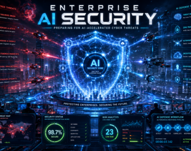 Futuristic enterprise AI cybersecurity system protecting a digital city from AI-powered cyber threats, featuring holographic shields, malware attacks, autonomous defense drones, threat analytics dashboards, and advanced cyber warfare interfaces in a cinematic neon blue environment.