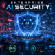 Futuristic enterprise AI cybersecurity system protecting a digital city from AI-powered cyber threats, featuring holographic shields, malware attacks, autonomous defense drones, threat analytics dashboards, and advanced cyber warfare interfaces in a cinematic neon blue environment.