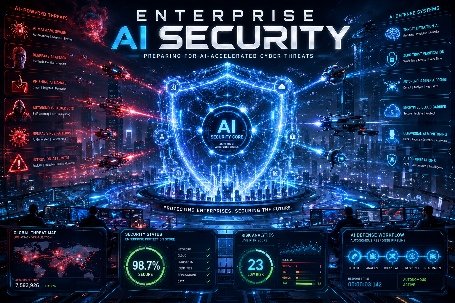 Futuristic enterprise AI cybersecurity system protecting a digital city from AI-powered cyber threats, featuring holographic shields, malware attacks, autonomous defense drones, threat analytics dashboards, and advanced cyber warfare interfaces in a cinematic neon blue environment.