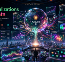 A futuristic AI-powered digital observatory floating above a glowing smart city, featuring a giant holographic sphere transforming live data streams into interactive charts, dashboards, neural networks, heatmaps, and luminous analytics interfaces in emerald, magenta, teal, and orange neon tones.