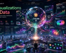 A futuristic AI-powered digital observatory floating above a glowing smart city, featuring a giant holographic sphere transforming live data streams into interactive charts, dashboards, neural networks, heatmaps, and luminous analytics interfaces in emerald, magenta, teal, and orange neon tones.
