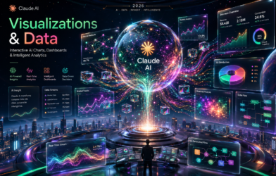 A futuristic AI-powered digital observatory floating above a glowing smart city, featuring a giant holographic sphere transforming live data streams into interactive charts, dashboards, neural networks, heatmaps, and luminous analytics interfaces in emerald, magenta, teal, and orange neon tones.