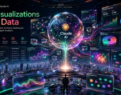 A futuristic AI-powered digital observatory floating above a glowing smart city, featuring a giant holographic sphere transforming live data streams into interactive charts, dashboards, neural networks, heatmaps, and luminous analytics interfaces in emerald, magenta, teal, and orange neon tones.