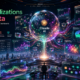 A futuristic AI-powered digital observatory floating above a glowing smart city, featuring a giant holographic sphere transforming live data streams into interactive charts, dashboards, neural networks, heatmaps, and luminous analytics interfaces in emerald, magenta, teal, and orange neon tones.
