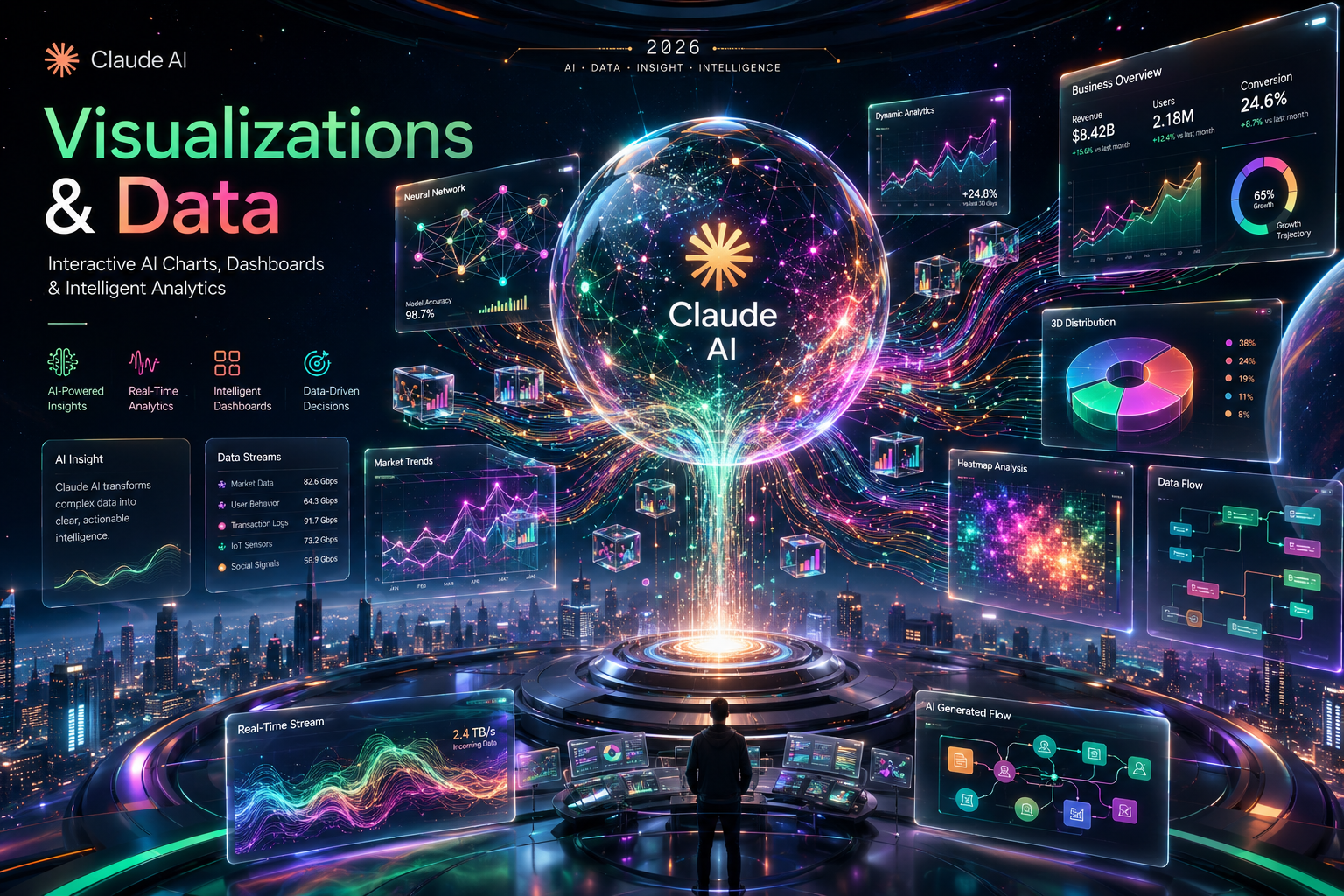 A futuristic AI-powered digital observatory floating above a glowing smart city, featuring a giant holographic sphere transforming live data streams into interactive charts, dashboards, neural networks, heatmaps, and luminous analytics interfaces in emerald, magenta, teal, and orange neon tones.