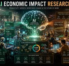 Futuristic AI economy visualization showing human workers, intelligent robots, productivity analytics, workforce transformation, and AI-driven economic growth inside a smart city environment.