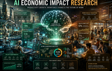 Futuristic AI economy visualization showing human workers, intelligent robots, productivity analytics, workforce transformation, and AI-driven economic growth inside a smart city environment.