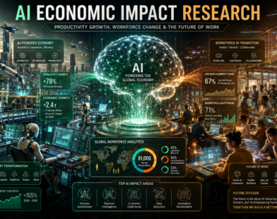 Futuristic AI economy visualization showing human workers, intelligent robots, productivity analytics, workforce transformation, and AI-driven economic growth inside a smart city environment.